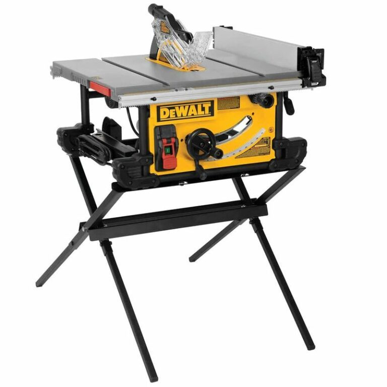 DEWALT 10″ jobsite table saw with scissors stand
