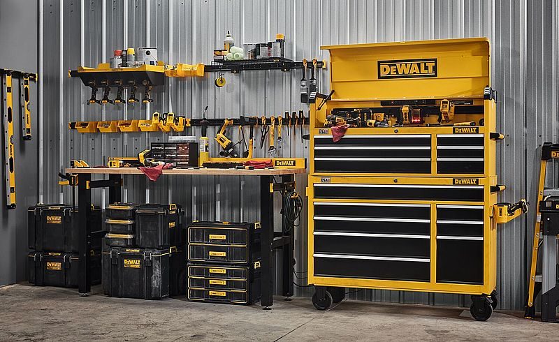>Optimize your workspace with the new DEWALT metal workshop storage system