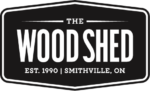 Logo for The Wood Shed, est. 1990, Smithville, ON (black and white sign)