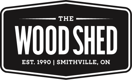 Logo for The Wood Shed, est. 1990, Smithville, ON (black and white sign)
